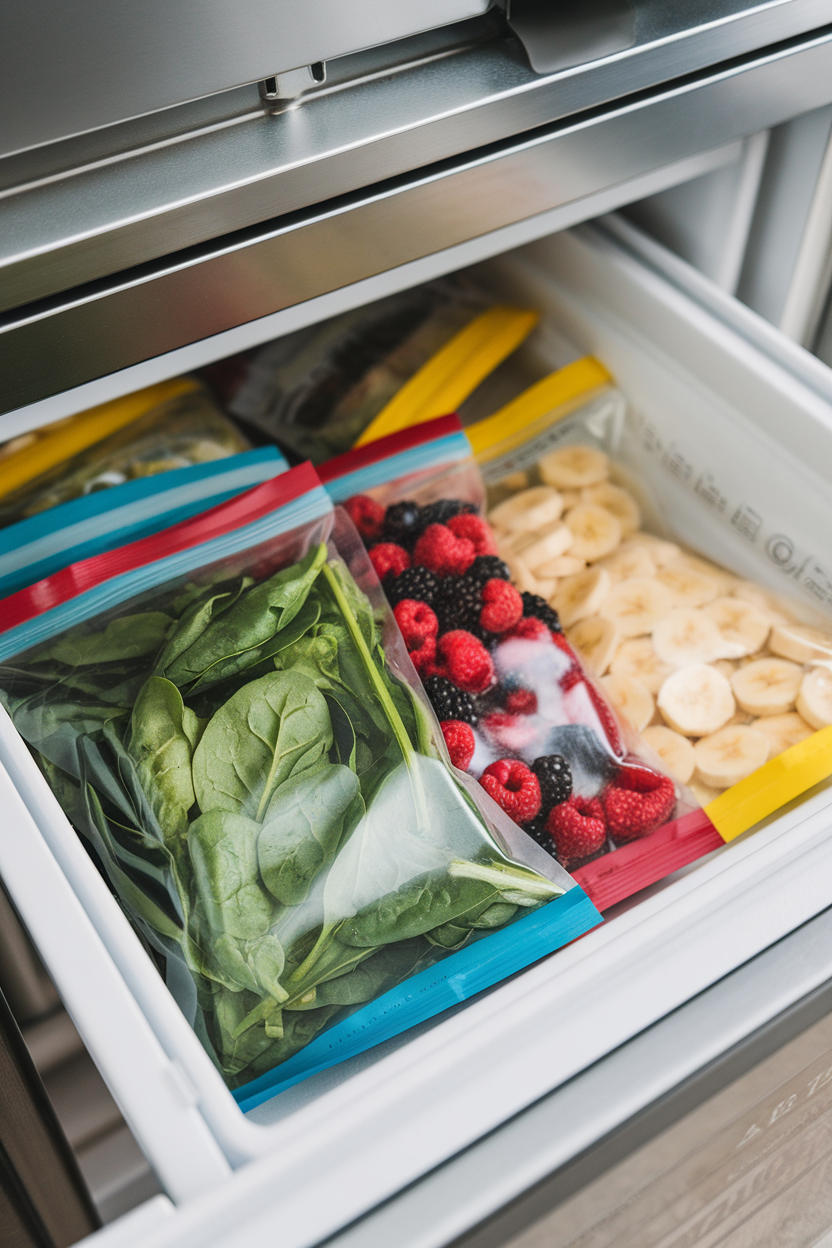 Indoor freezer drawer with zip bags of pre-portioned spinach, berries, and banana slices—photo.