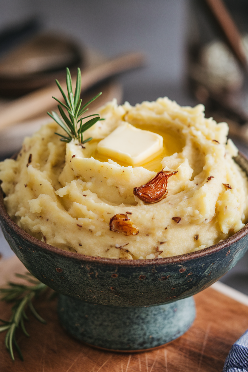 Indoor serving bowl piled high with creamy mashed potatoes speckled with roasted garlic, butter melting on top. No text or logos.