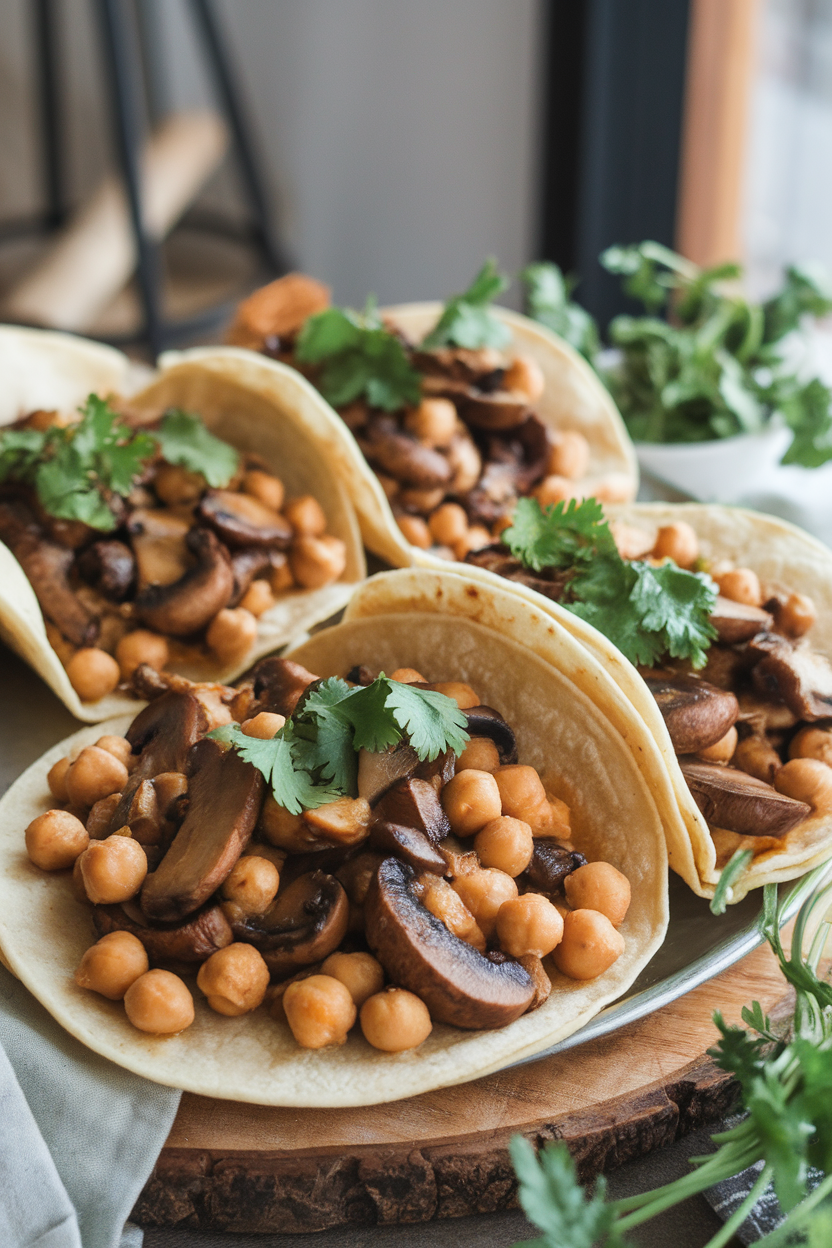 Photo of soft corn tortillas filled with sautéed mushrooms and chickpeas, topped with cilantro, indoor taco platter. No text or logos.</Prompt