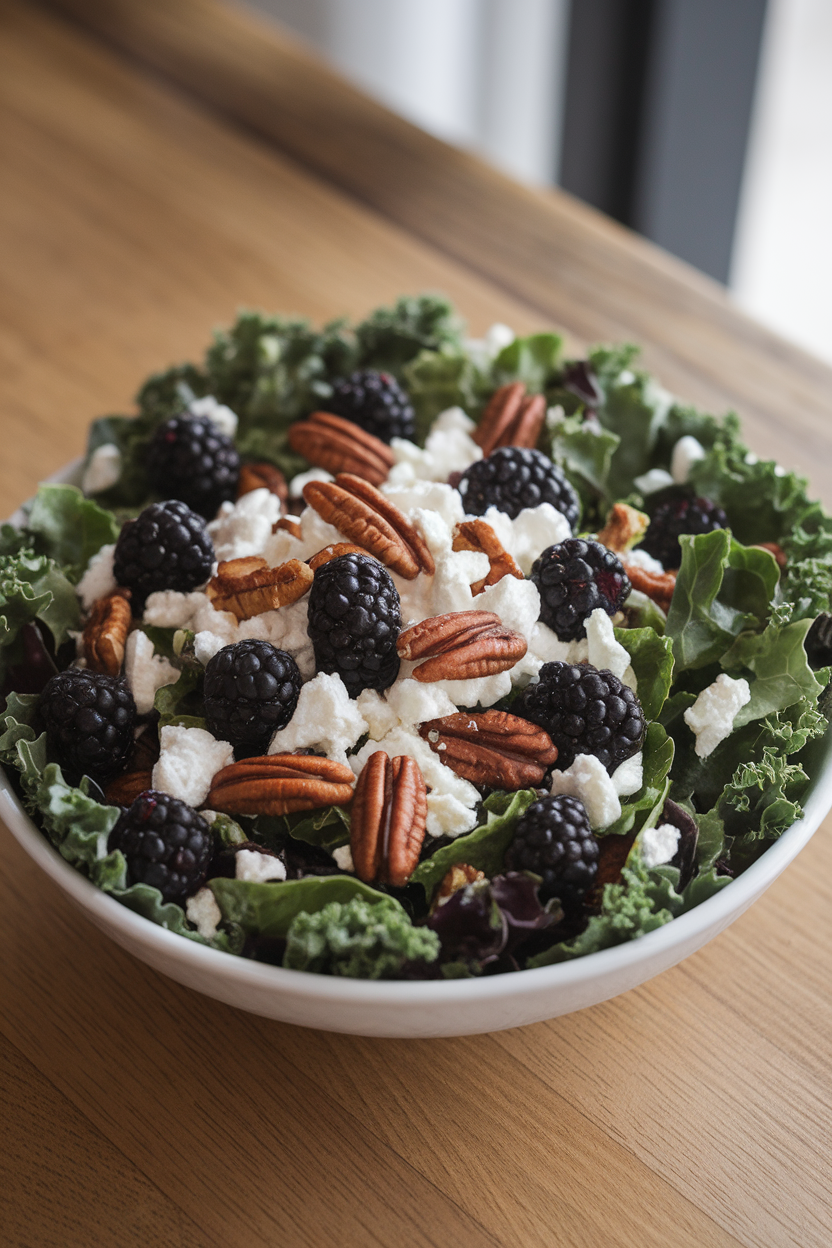 Photo of an indoor table with baby kale leaves, fresh blackberries, crumbled goat cheese, and candied pecans in a salad bowl. No text or logos.