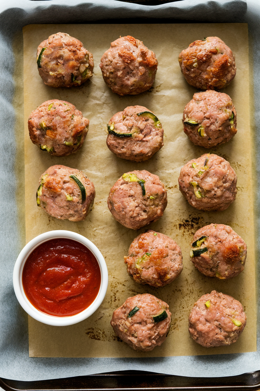Indoor photo of a parchment-lined baking sheet holding browned turkey meatballs flecked with green zucchini, small ramekin of marinara nearby, no text or logos.