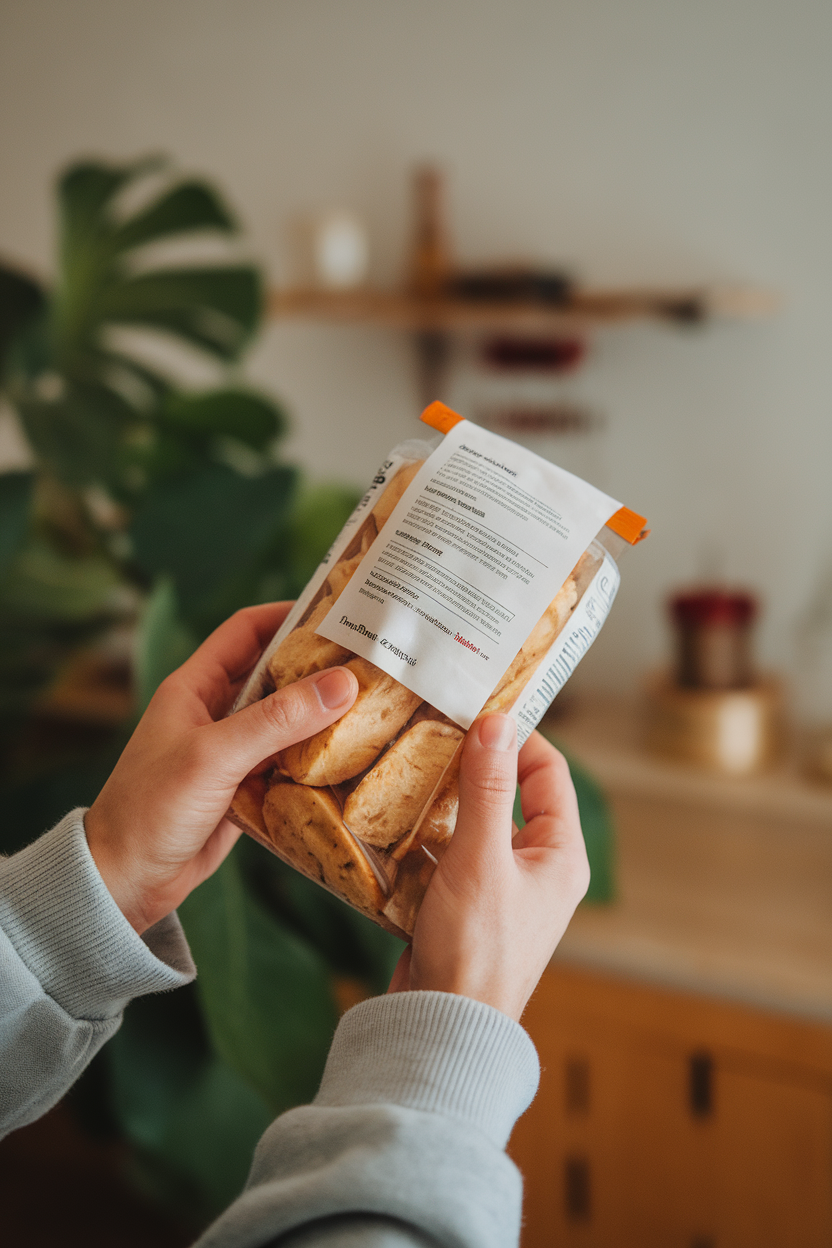 A person’s hands holding a packaged food item, the back ingredient list visible but blurred to avoid text, photographed indoors; no logos; photo