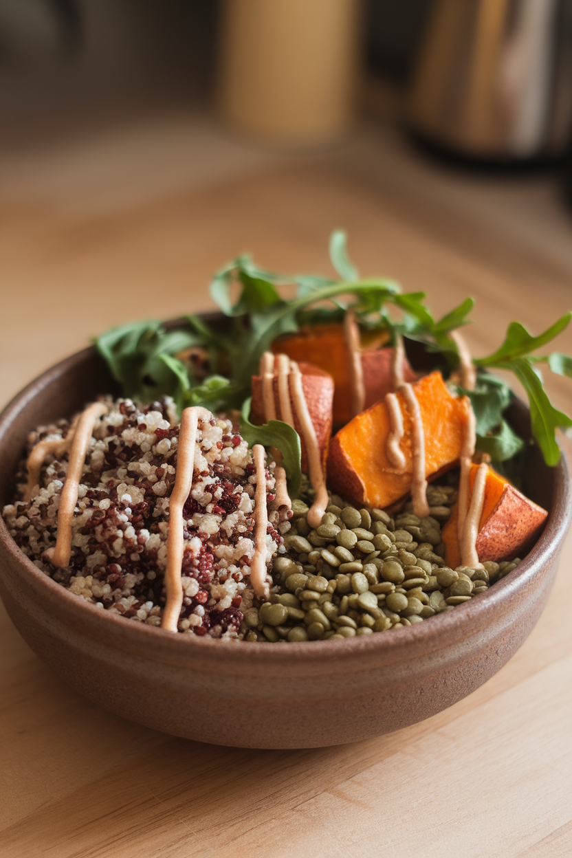 Indoor photo of a ceramic bowl filled with tri-color quinoa, green lentils, roasted sweet potatoes, and arugula drizzled with tahini; no text or logos.