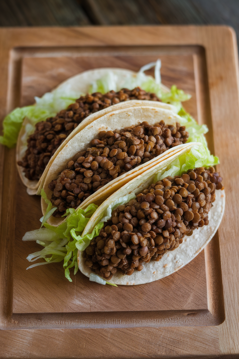 Photo of soft corn tortillas filled with seasoned brown lentils and shredded lettuce on an indoor taco board. No text or logos. Photo, not illustration.