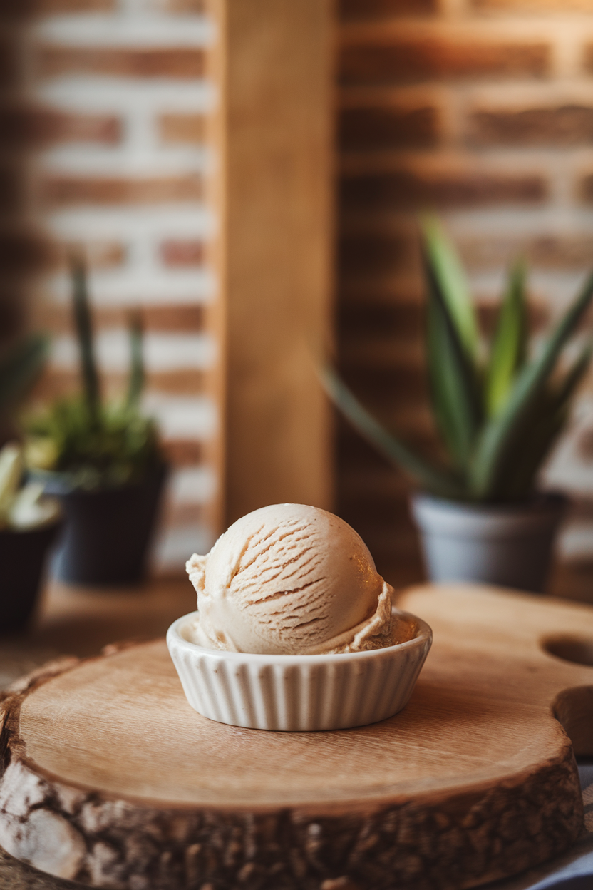 Photo of a scoop of pale ice cream in a small dish, vanilla bean specks visible, indoor scene. No text or logos.