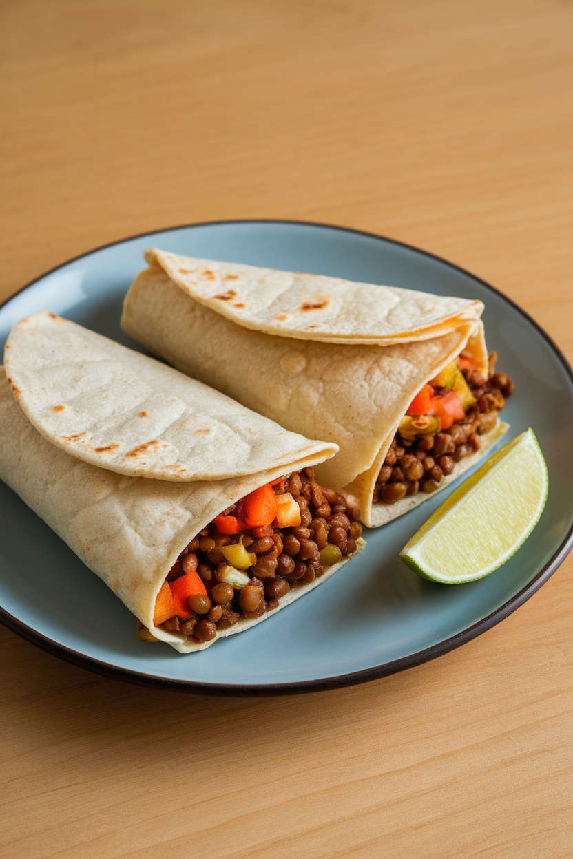An indoor plate holding two folded corn tortillas stuffed with seasoned lentils and colorful veggies, lime wedge on the side. Photo, no text or logos.