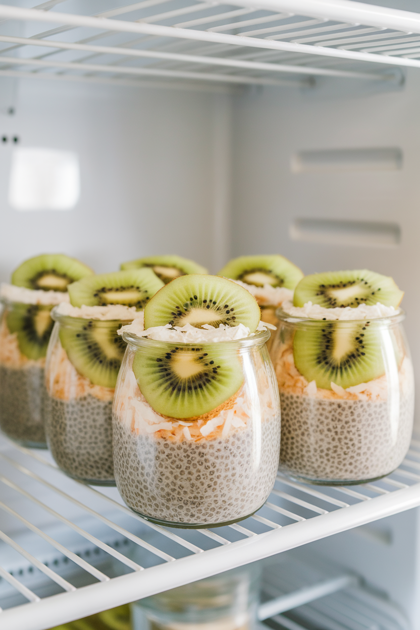 A softly lit indoor shelf in the fridge showing clear jars of chia pudding topped with sliced kiwi and shredded coconut. No text or logos in sight.