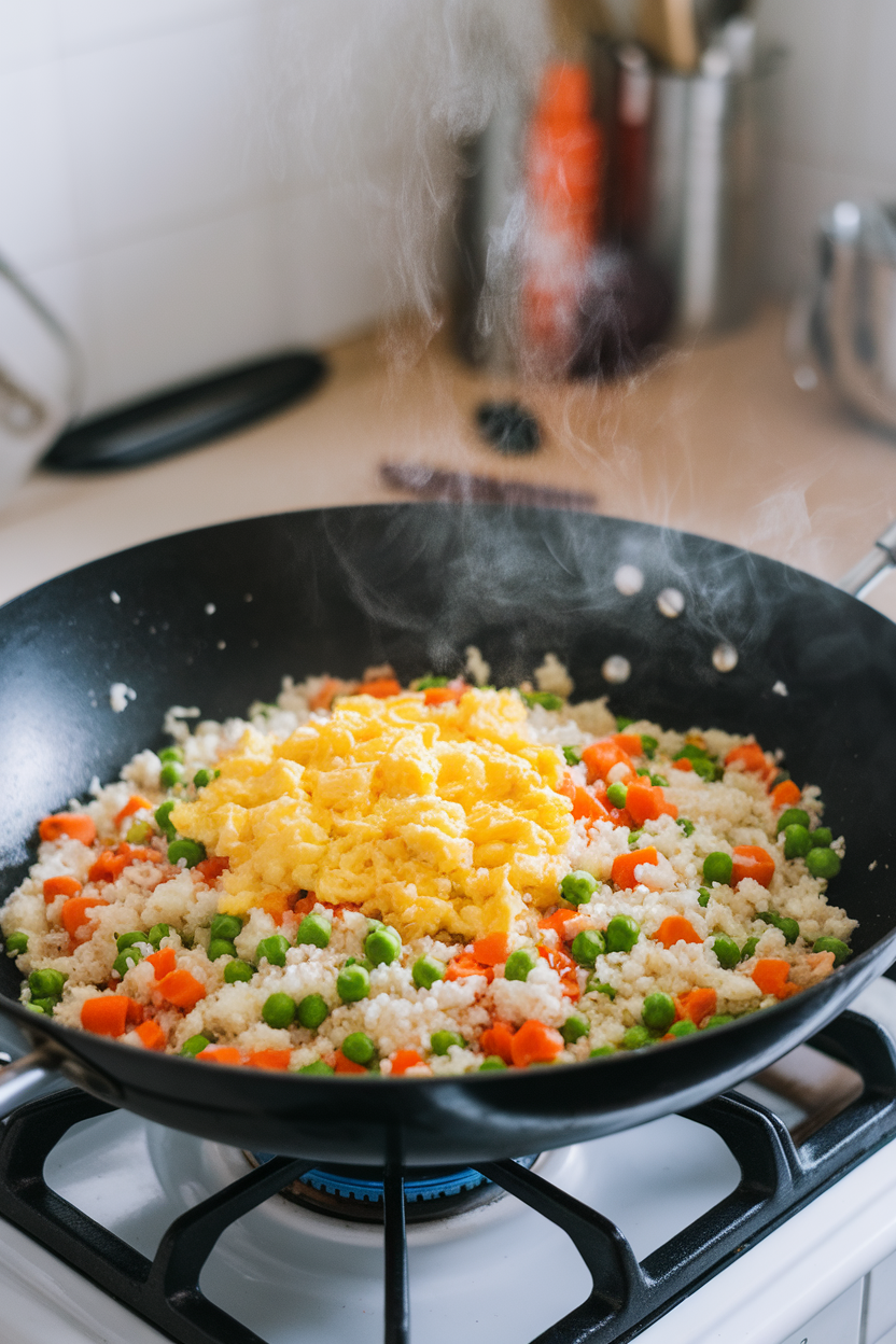 Indoor wok on stove holding riced cauliflower sautéed with peas, carrots, and scrambled eggs, steam rising; no text or logos, photo style.