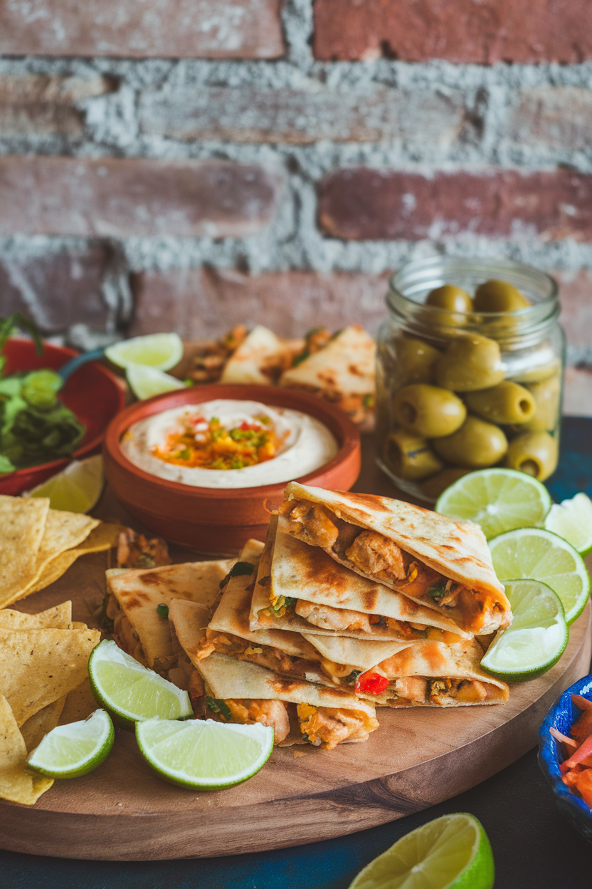 Indoor fiesta setup featuring mini chicken quesadillas, queso dip, jalapeño-stuffed olives, and lime wedges; no logos or text.