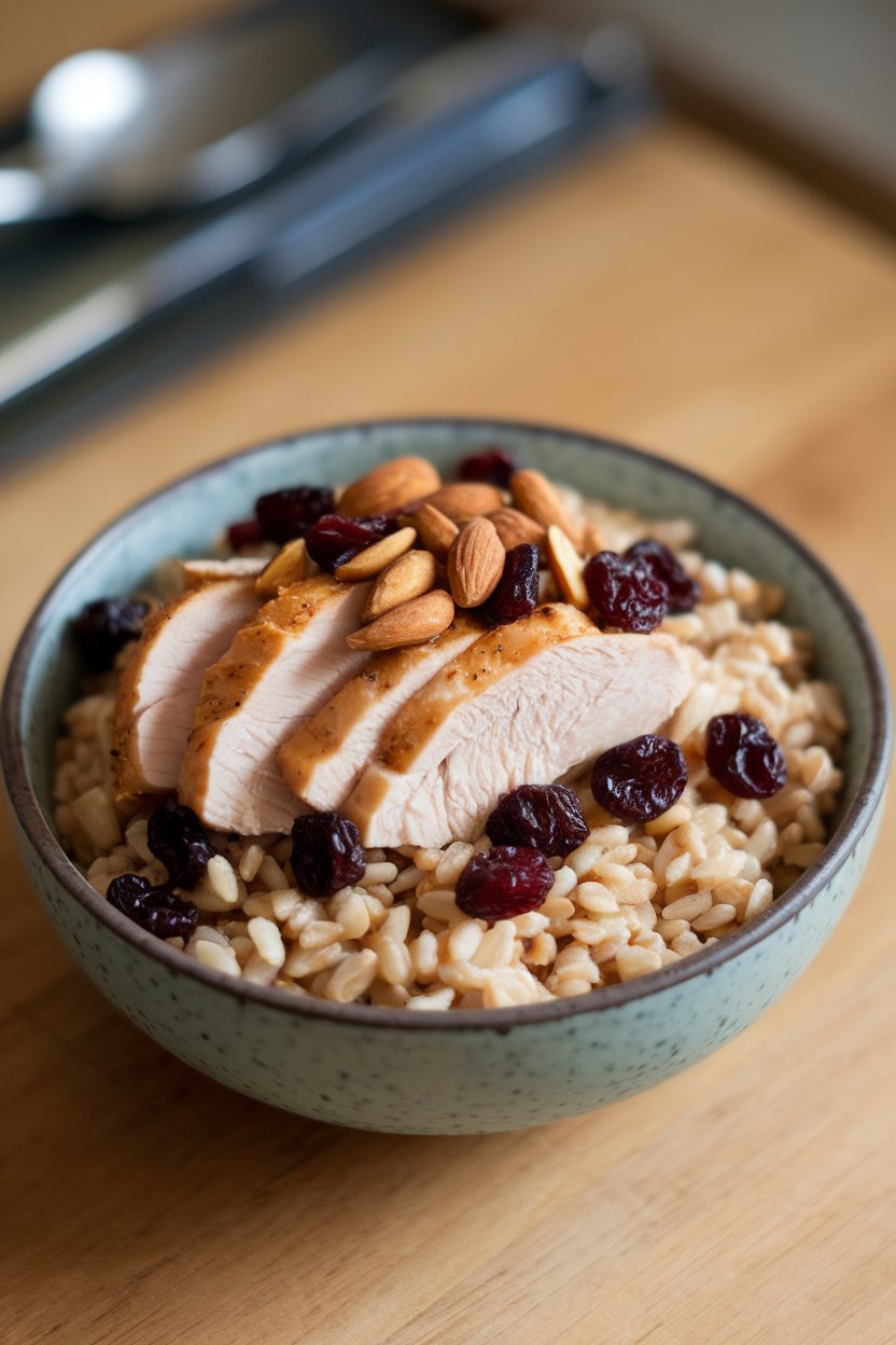 An indoor meal-prep bowl of farro topped with sliced chicken, dried cranberries, and toasted almonds. No text or logos; photo only.