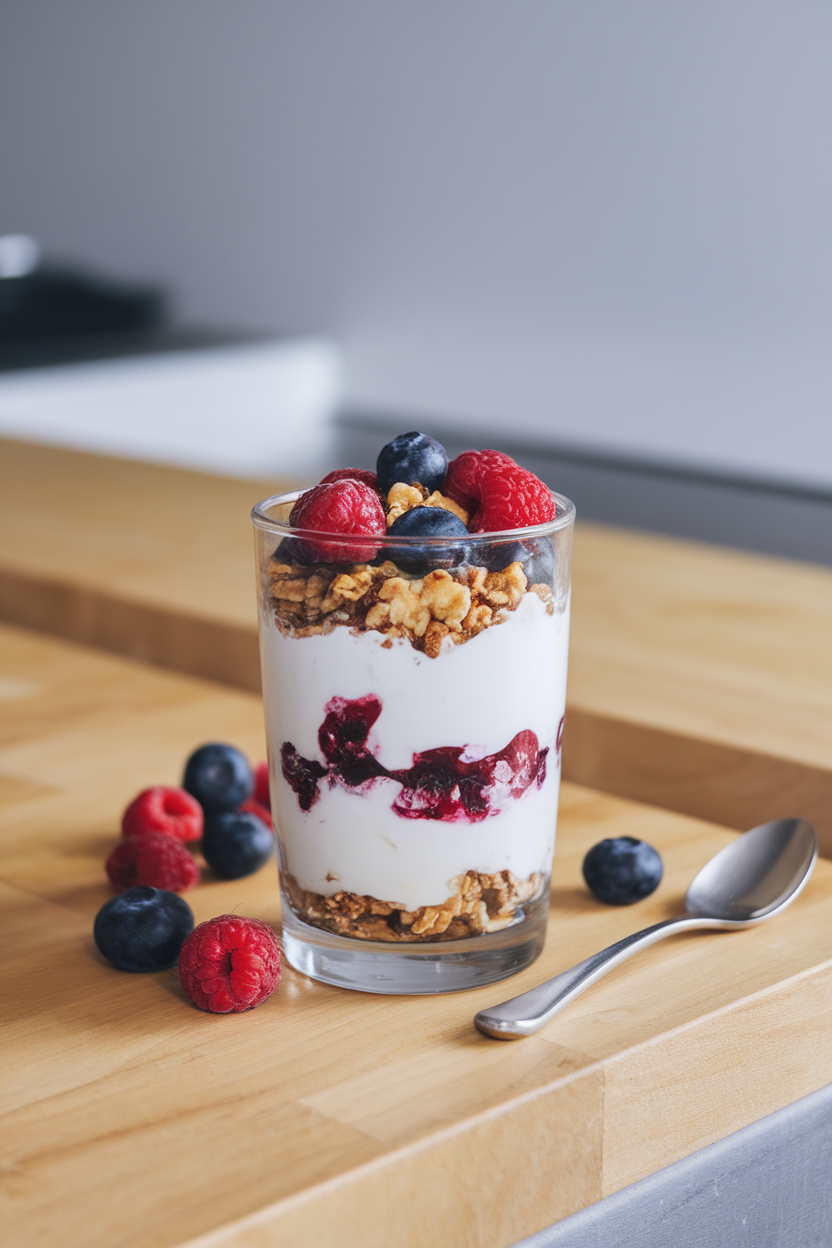 An indoor counter with tall glasses layered with Greek yogurt, cranberry walnut granola, and fresh berries. No text or logos. Photo, not illustration.