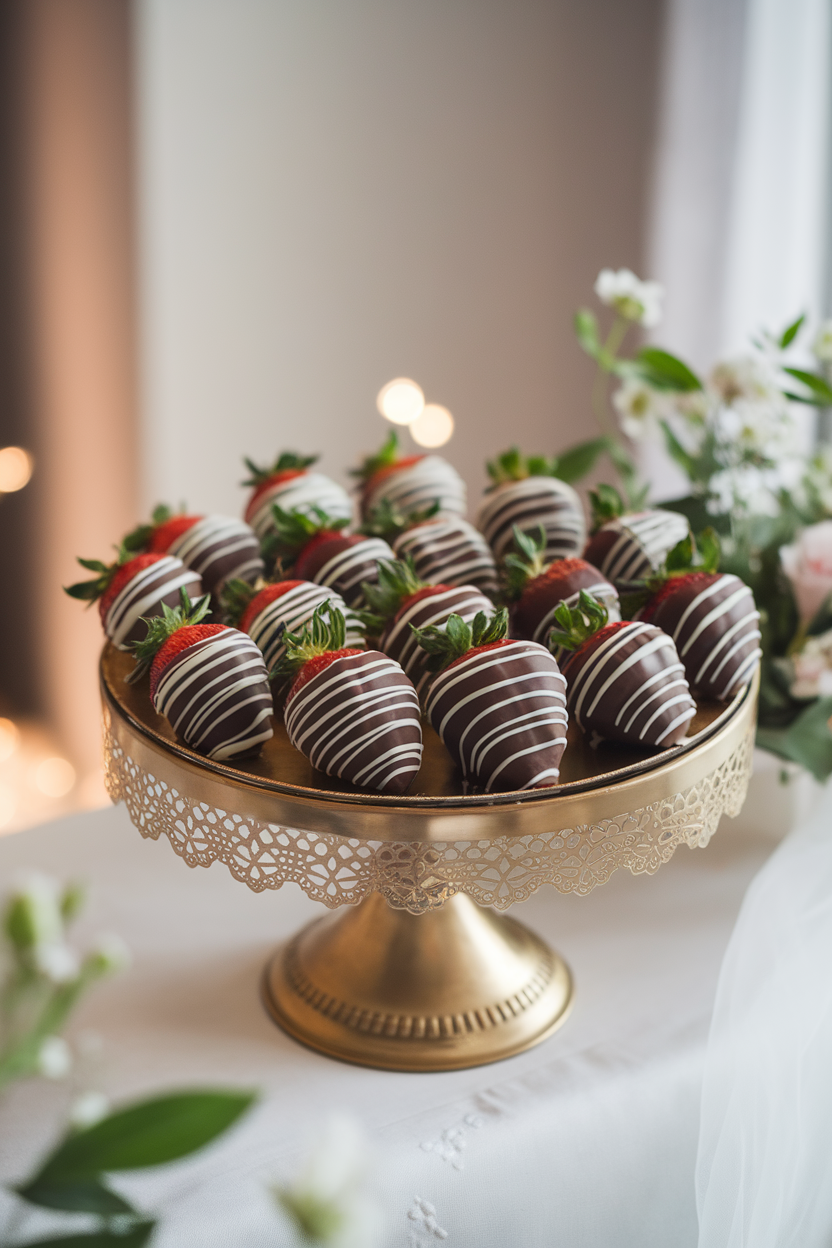 Photo of an indoor cake stand with glossy chocolate-coated strawberries, some drizzled with white chocolate for contrast; soft romantic lighting, no text or logos