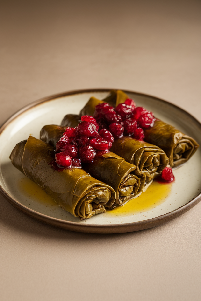 A warm indoor plate of neatly rolled grape leaves, lightly glossed with olive oil and topped with a ruby cranberry reduction; neutral background, no text or logos.