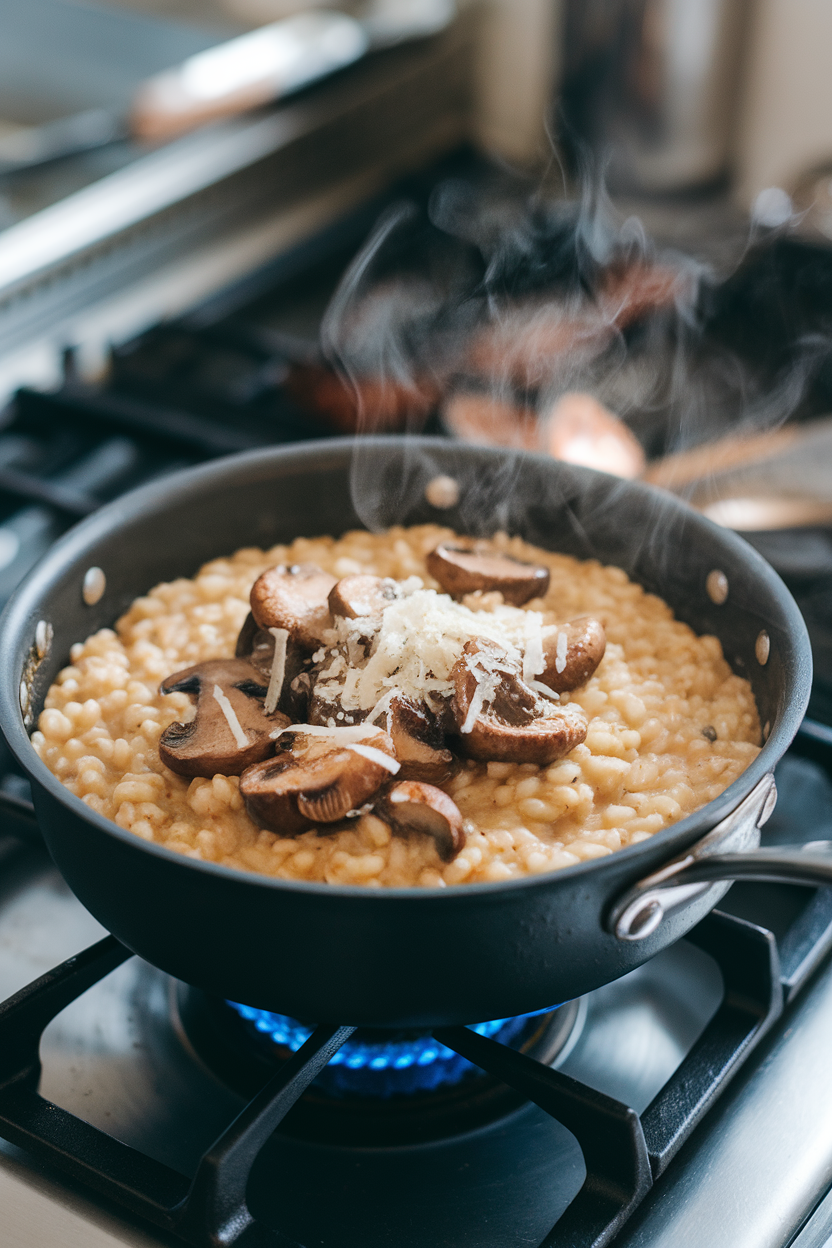 An indoor stovetop shot of a saucepan filled with creamy barley risotto speckled with sautéed mushrooms and Parmesan. No text or logos.