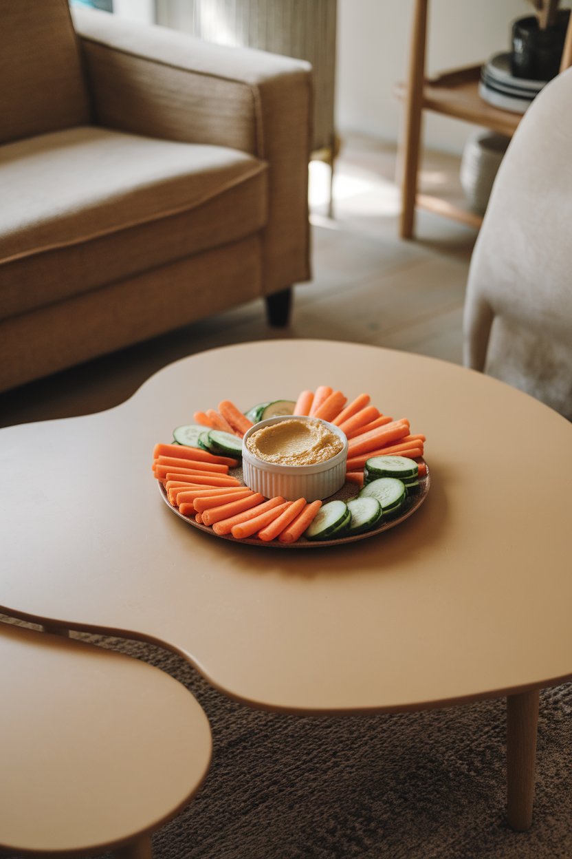 An indoor coffee table with a small ramekin of hummus surrounded by carrot sticks and cucumber rounds. Photo, no text or logos.