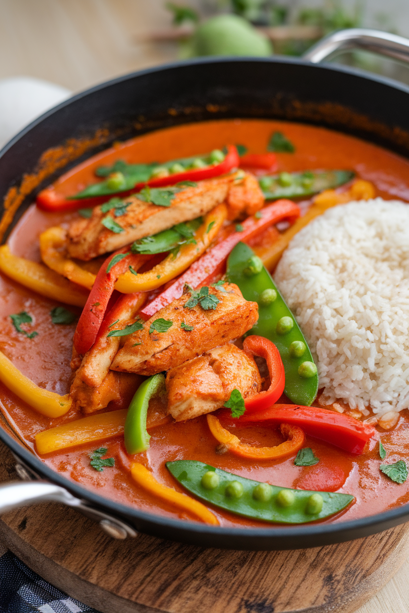 An indoor skillet of vibrant red curry sauce enveloping chicken strips, bell peppers, and snap peas, served with jasmine rice on the side. No text or logos. Photo.