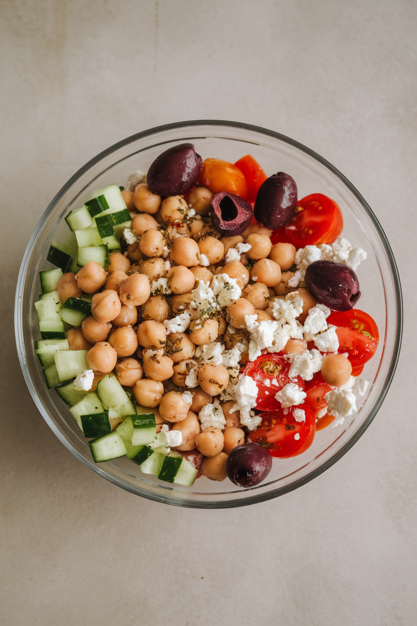Indoor photo of a glass salad bowl filled with chickpeas, diced cucumber, cherry tomatoes, kalamata olives, and crumbled feta, sprinkled with oregano. Neutral tabletop, no text or logos.