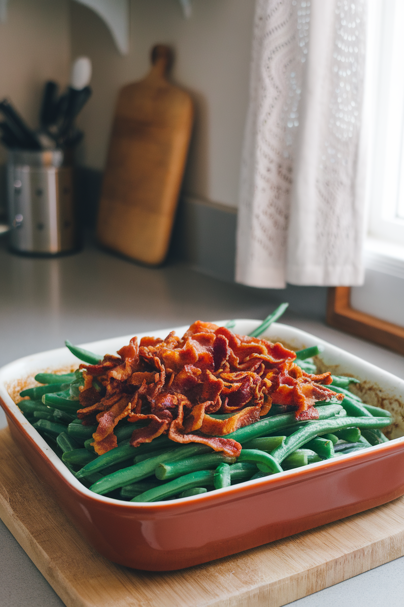 An indoor kitchen counter with a casserole dish of green beans topped with crunchy smoky tempeh strips in place of bacon, creamy sauce bubbling at the edges. This should be a photo, not an illustration. No text or logos anywhere in the scene.