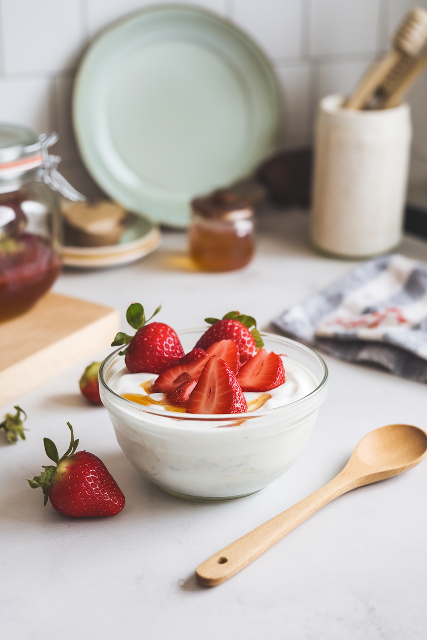 An indoor breakfast scene with a bowl of plain Greek yogurt topped with fresh strawberries and a drizzle of honey, wooden spoon alongside. No logos or text. Photo.