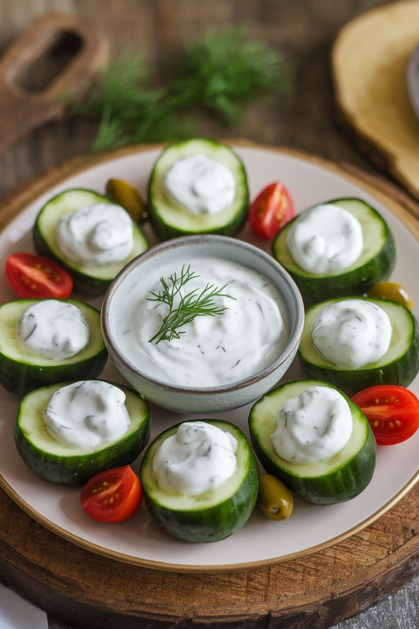 An indoor appetizer plate with halved cucumbers hollowed out and filled with creamy dill yogurt. Photo, no text or logos.