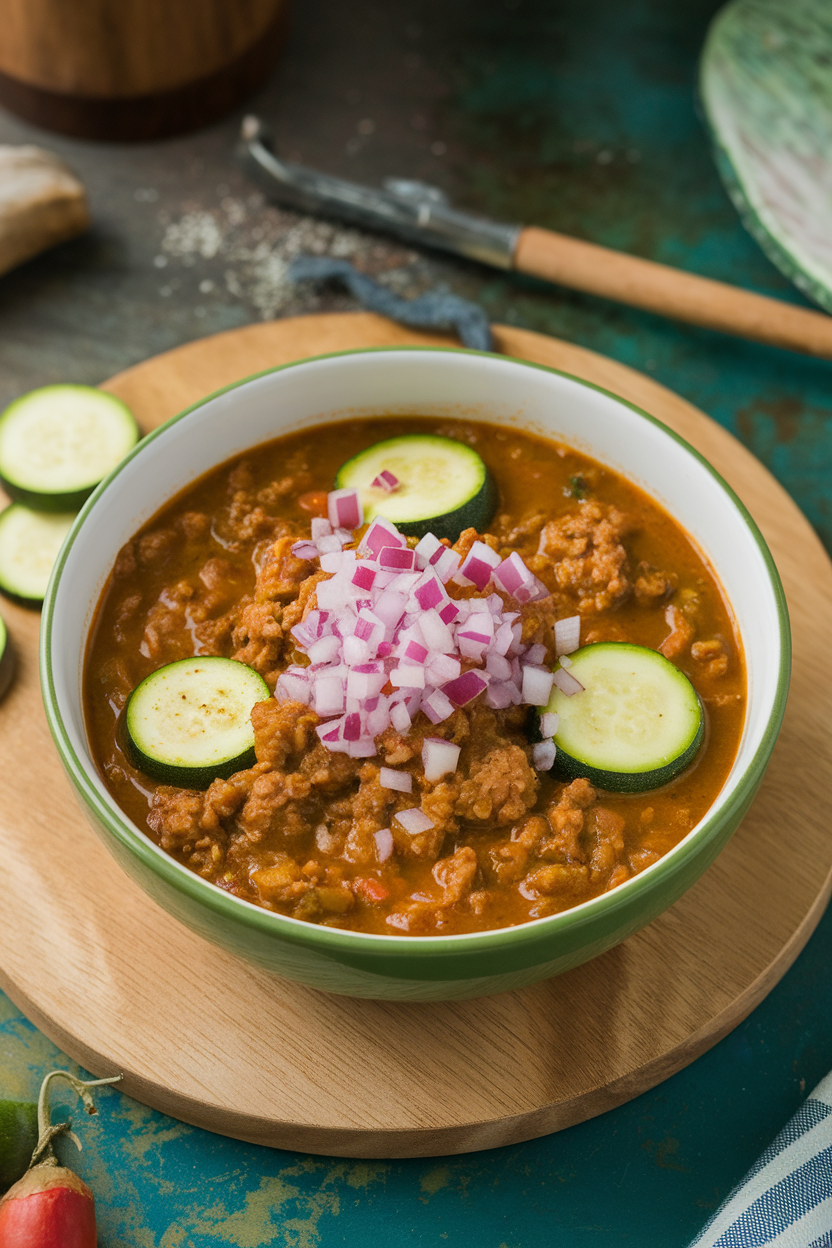Indoor photo of green-hued chili with ground turkey, zucchini rounds, and tomatillo broth, sprinkled with diced red onion; no text or logos.