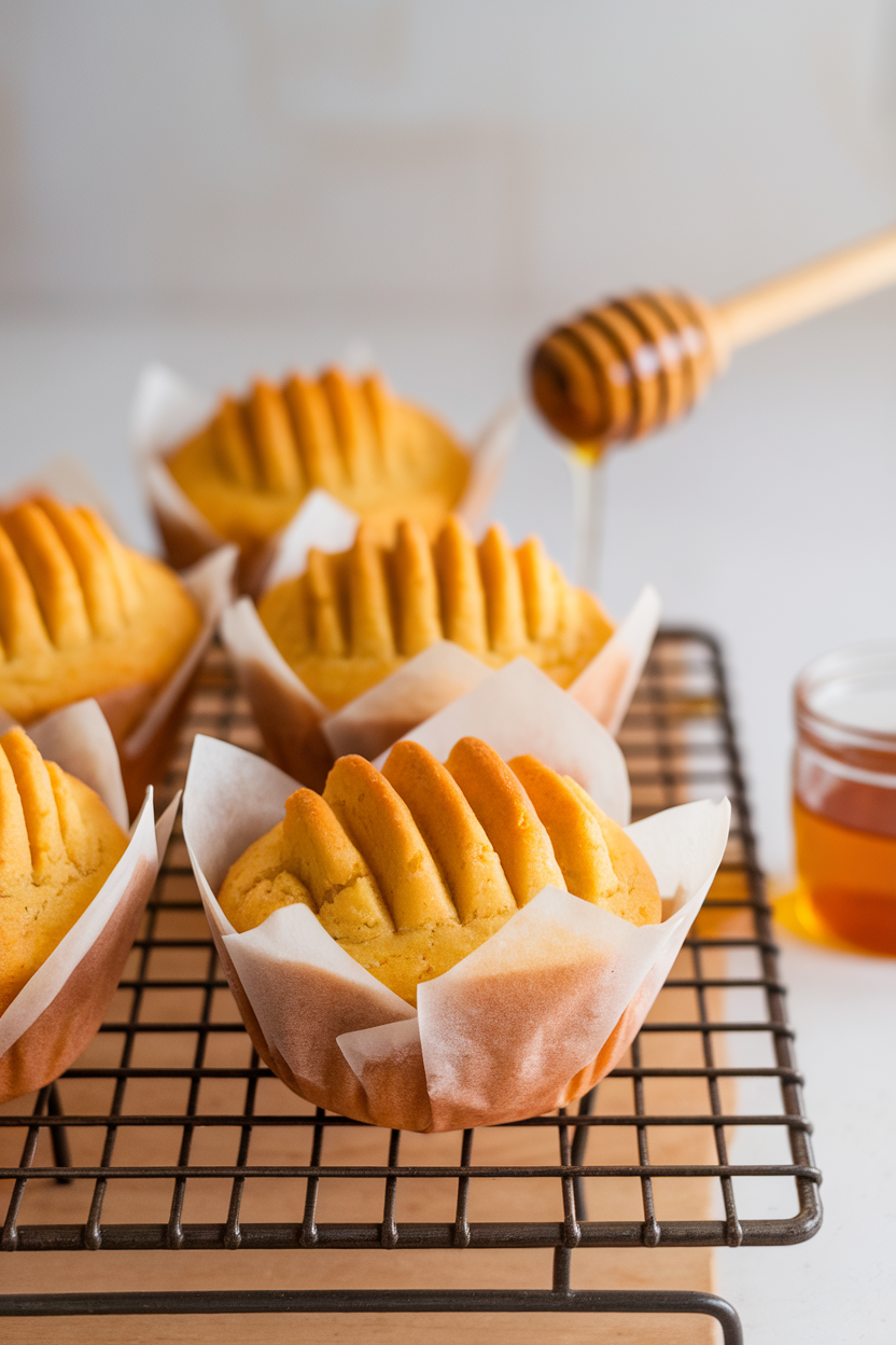 Indoor bakery rack with golden cornbread muffins in parchment liners, honey dipper in background. No text or logos. Photo only.