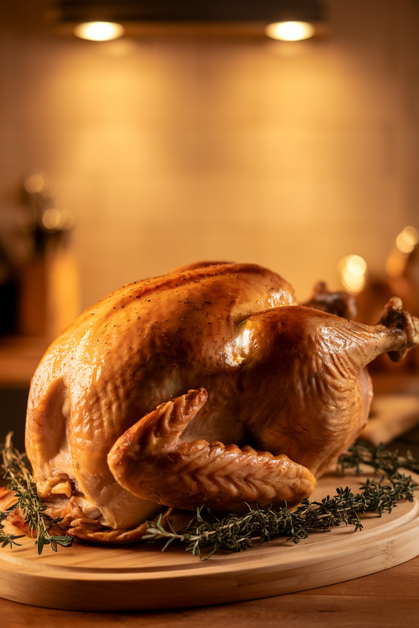 Indoor photo of a golden, cooked whole turkey resting on a carving board with sprigs of thyme and rosemary around it, warm overhead lighting, no text or logos
