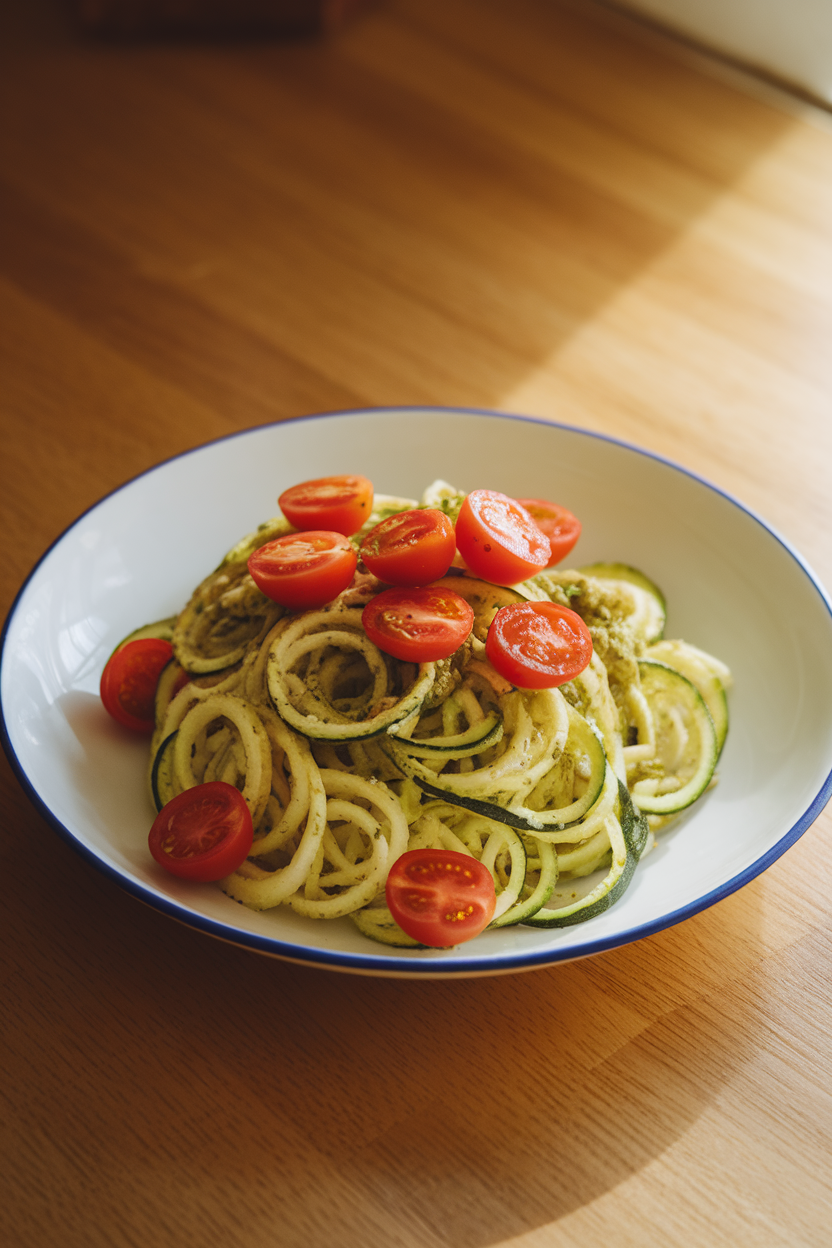 A warmly lit indoor tabletop showing spiralized zucchini noodles tossed in pesto with halved cherry tomatoes sprinkled on top. No text or logos on dishware.