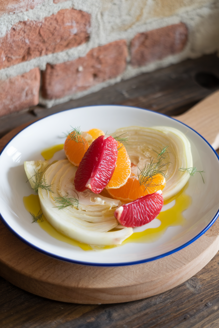 An indoor porcelain plate holding thin fennel slices, orange segments, and ruby grapefruit, drizzled with olive oil and sprinkled with fennel fronds. No text or logos.