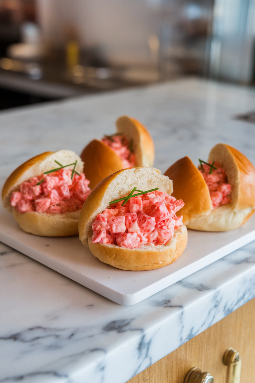 An indoor marble counter displaying split-top mini buns filled with buttery lobster salad, dusting of chives on top, no logos.