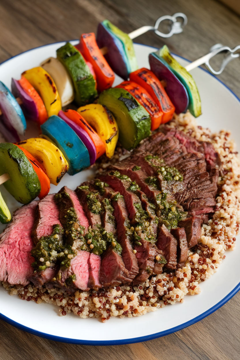 Indoor photo of sliced chimichurri flank steak, quinoa, and colorful grilled vegetable skewers on a plate. No text or logos.