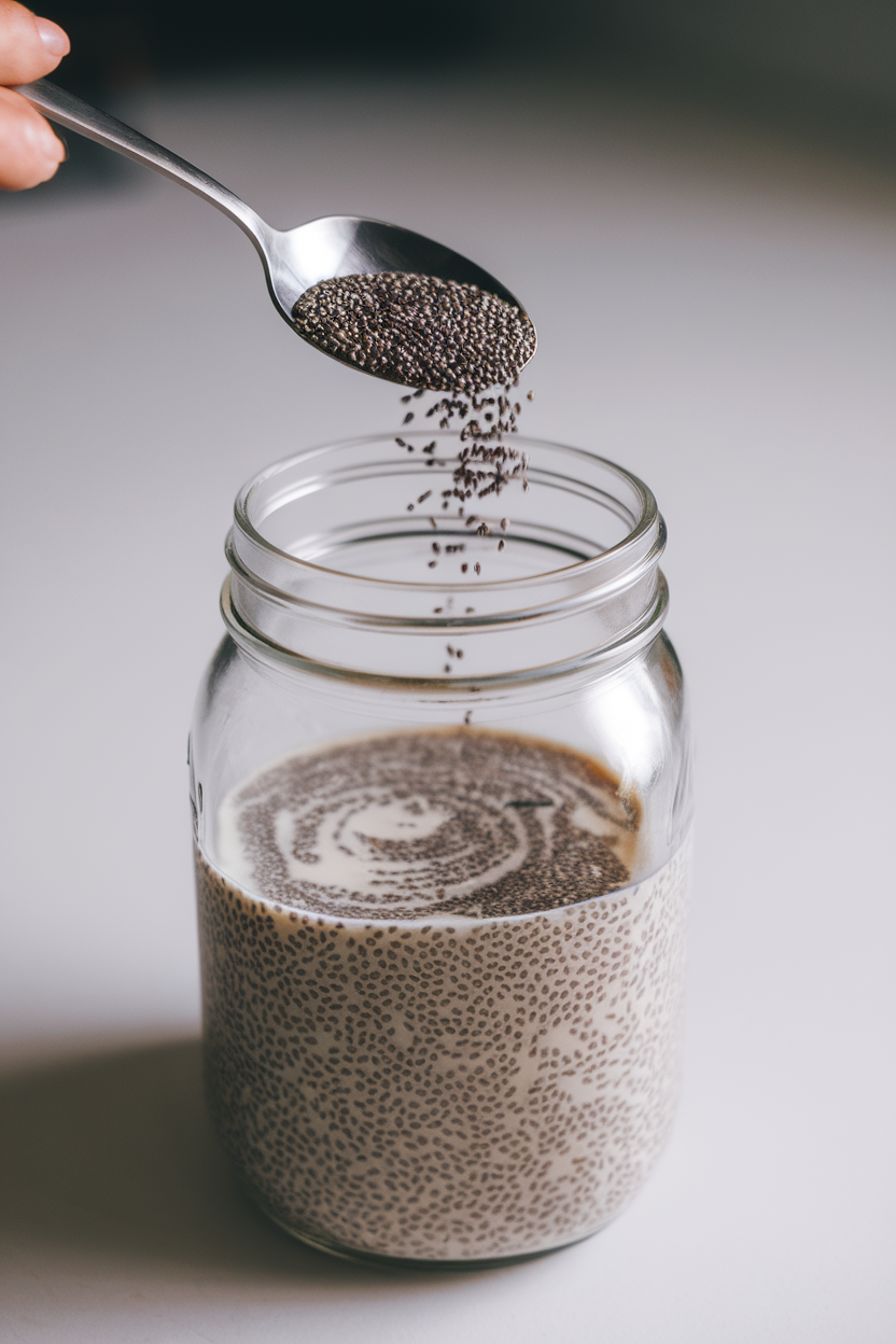 Indoor photo of black chia seeds sprinkled from a spoon into a mason jar of almond milk; no text or logos