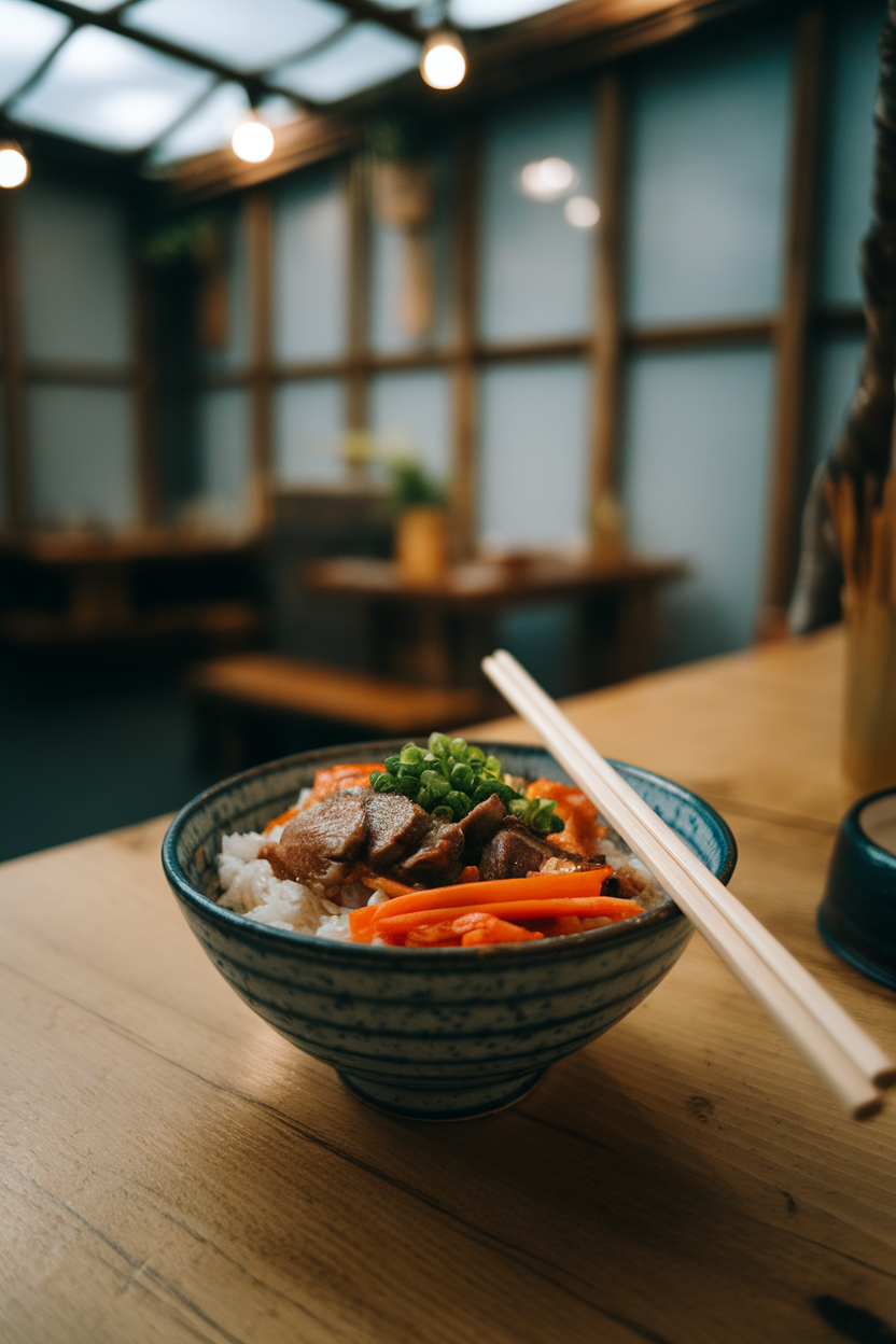 An indoor dining space showcasing a rice bowl, stir-fried veggies, and wooden chopsticks resting on the rim, gentle overhead lighting. No text or logos visible.