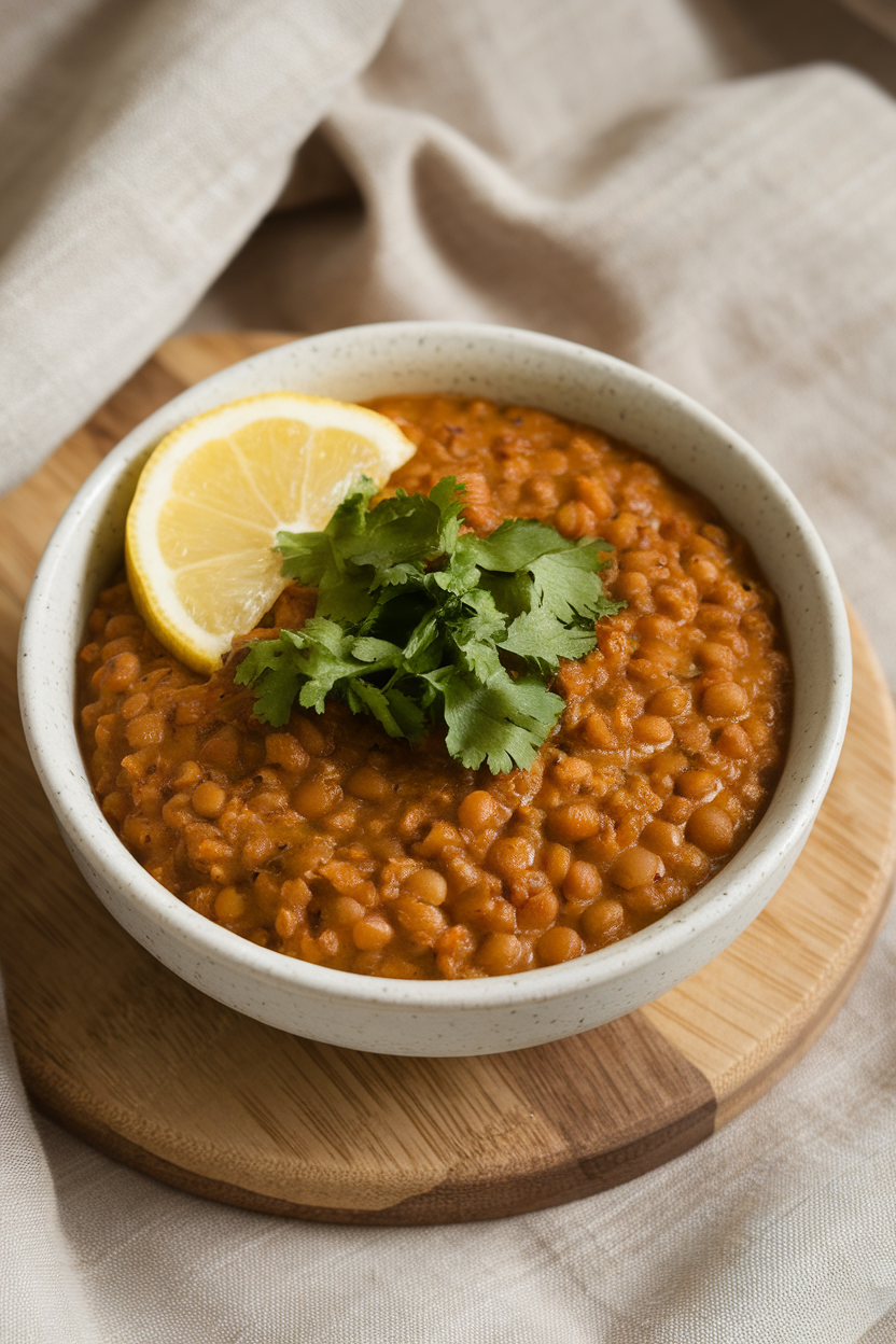 An indoor bowl filled with thick red lentil dal topped with cilantro and a lemon wedge. No text or logos.