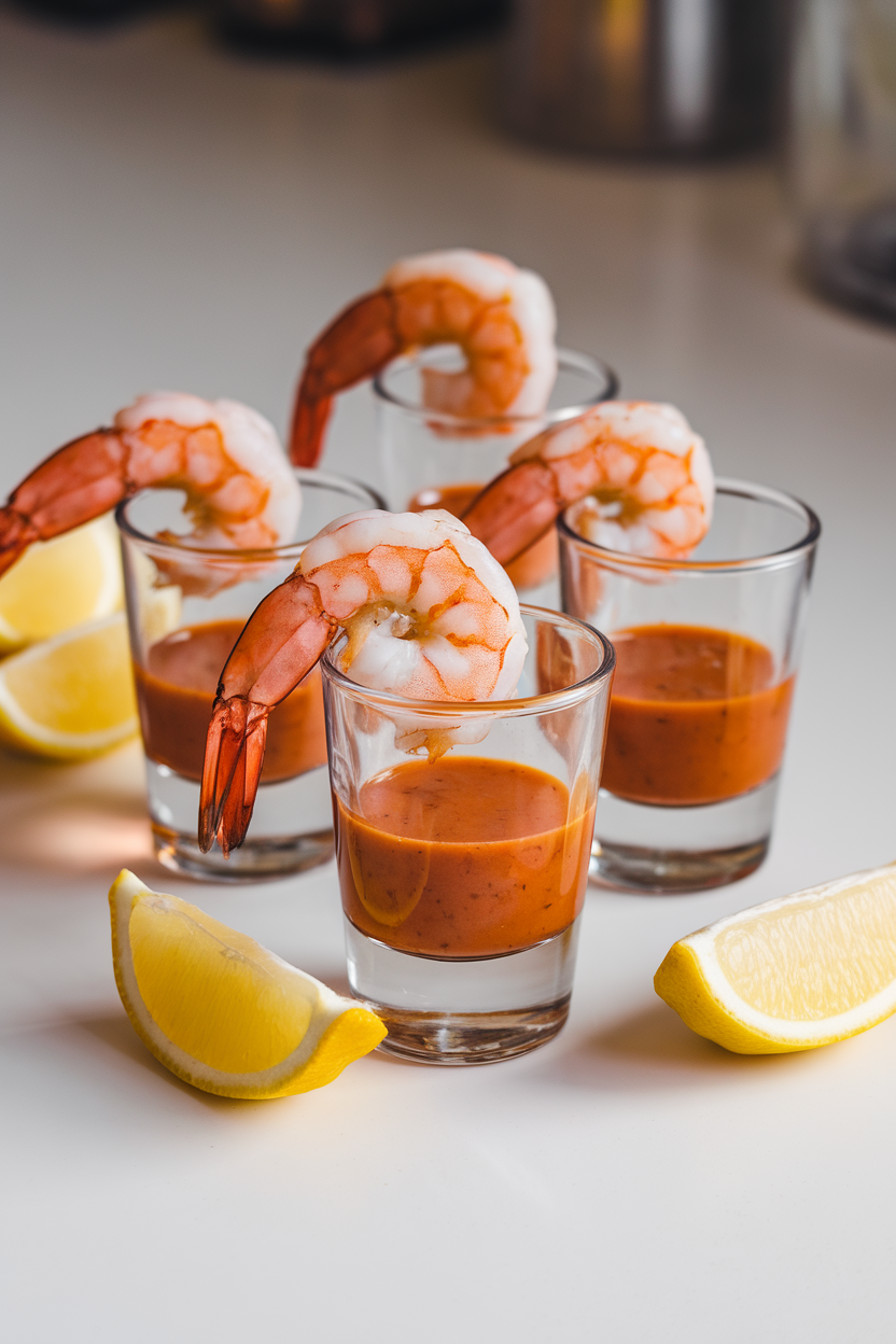 Photo of a white indoor countertop displaying clear shot glasses half-filled with zesty cocktail sauce and cooked shrimp perched on the rim, lemon wedges nearby; no text or logos present.