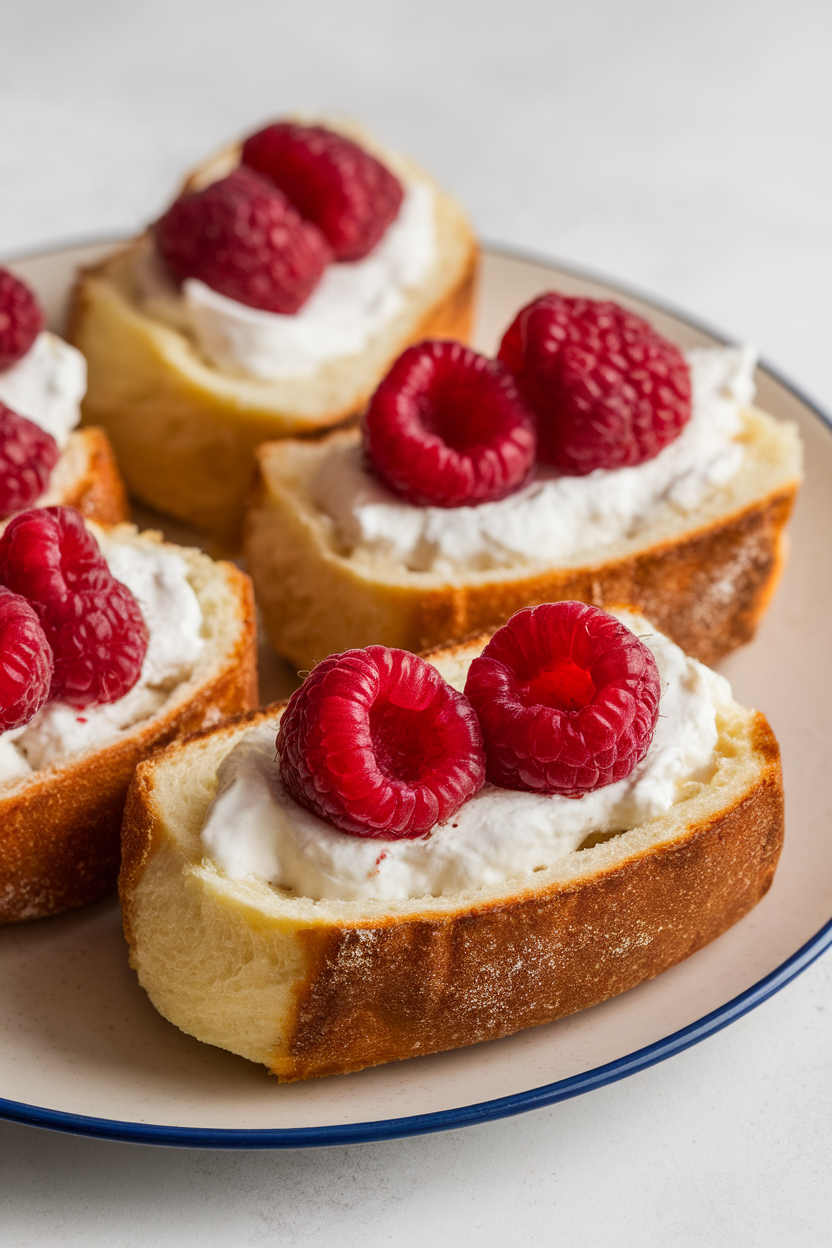 An indoor plate showing thick brioche slices stuffed with sweetened ricotta, seared to golden brown, topped with raspberry sauce, no text or logos.