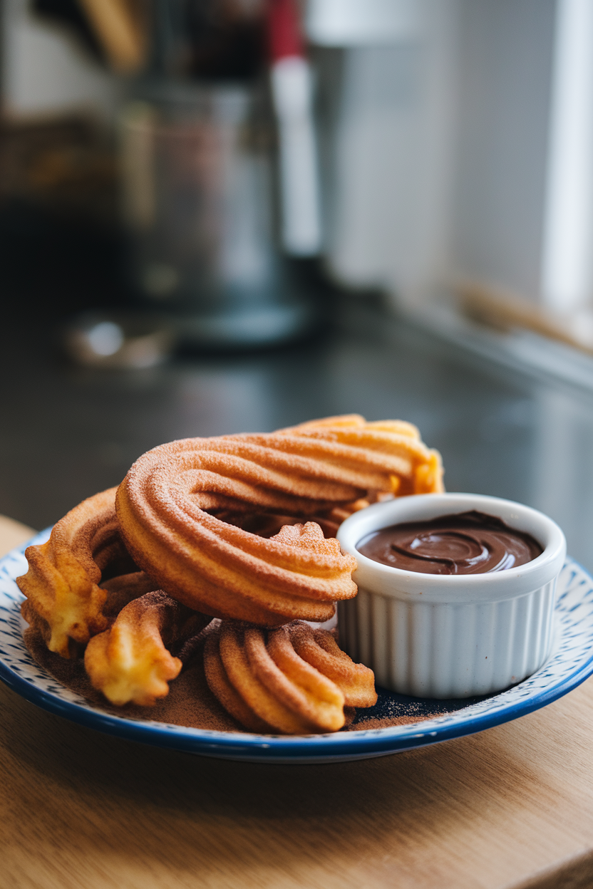 Indoor photo of fresh churros dusted with cinnamon sugar, small pot of thick chocolate dipping sauce beside, no text or logos