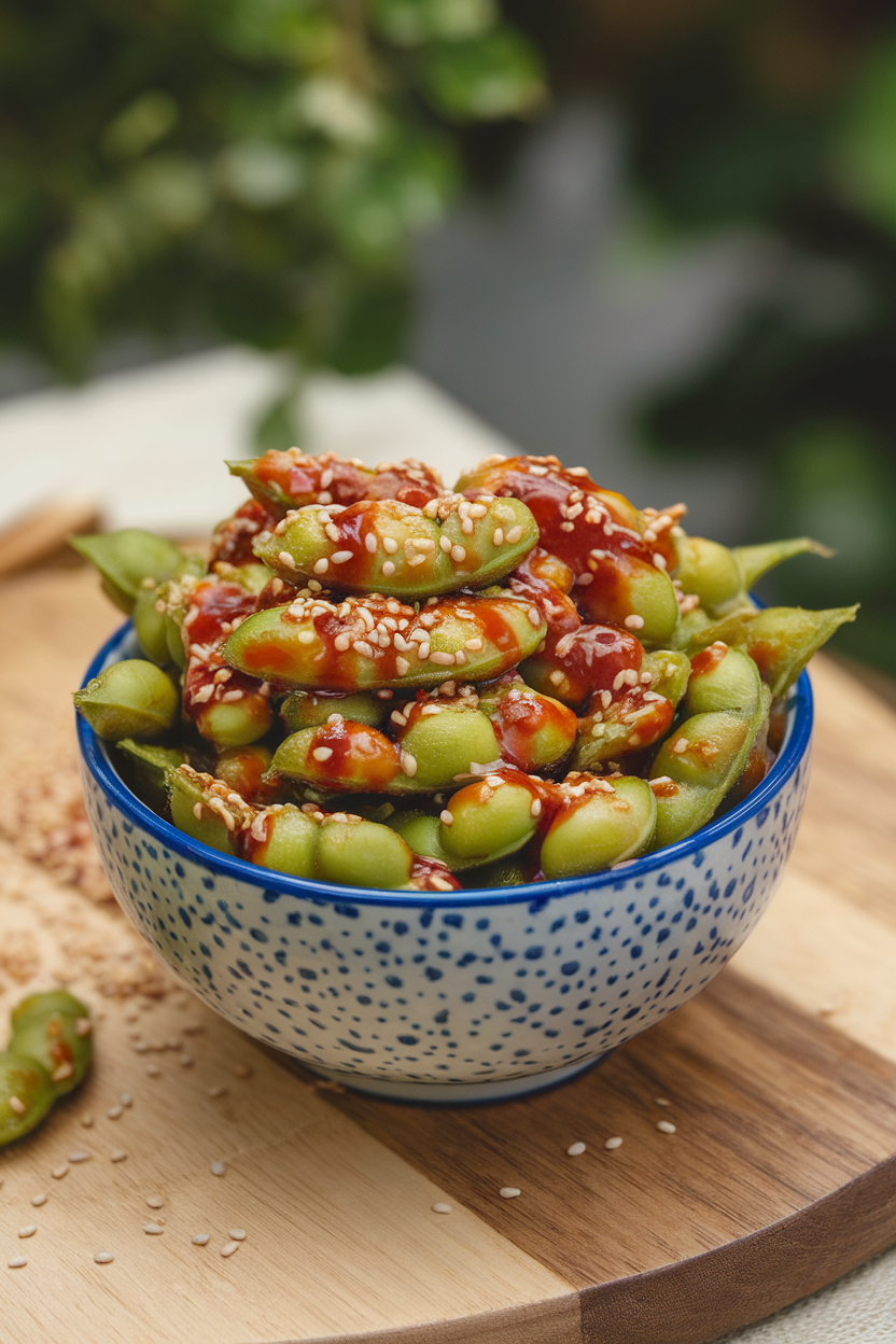 An indoor bowl piled with glistening edamame pods coated in sweet chili sauce and sesame seeds. No text or logos anywhere.