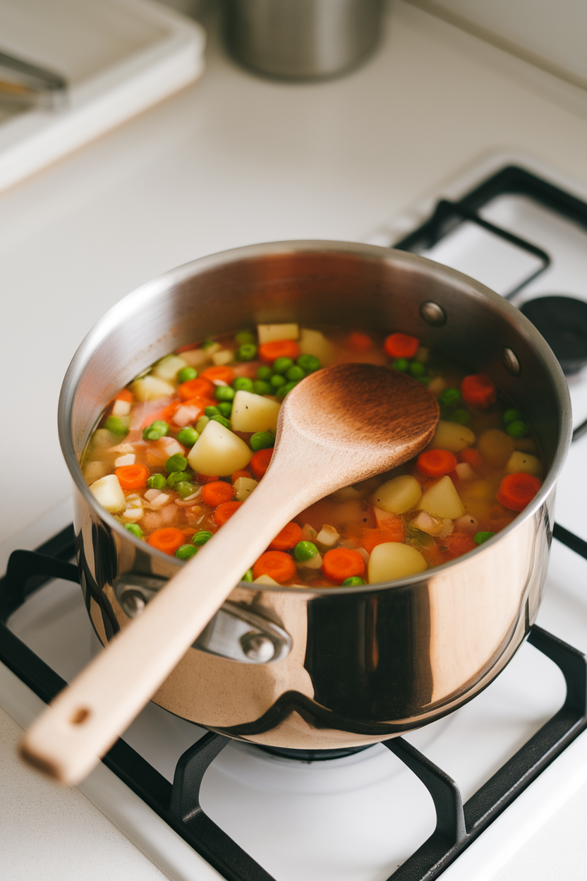 Photo of an indoor stovetop pot simmering a colorful vegetable soup, wooden spoon resting on the side, no text or logos.