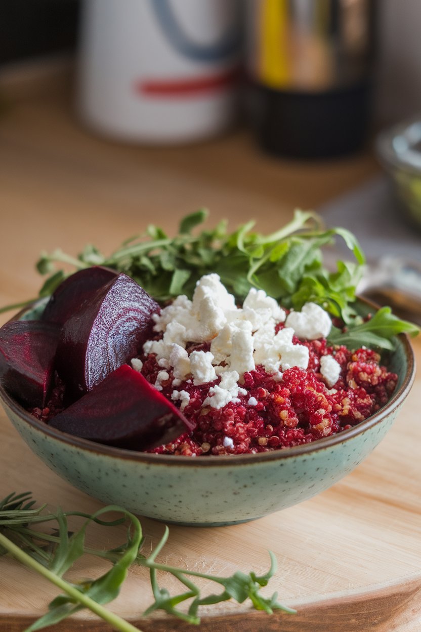 An indoor bowl with red quinoa, roasted beet wedges, arugula, and goat cheese crumbles. Photo, no text or logos.