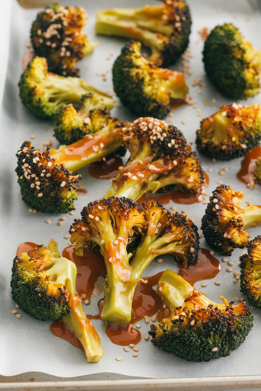 Indoor photo of roasted broccoli florets coated in glossy orange-sesame glaze, arranged on a parchment-lined tray. No logos or text.