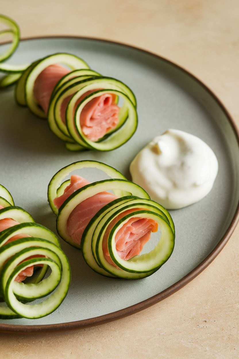 Indoor photo of thin cucumber strips wrapped around smoked trout and a dab of horseradish yogurt, displayed on a rectangular platter. No logos or text.