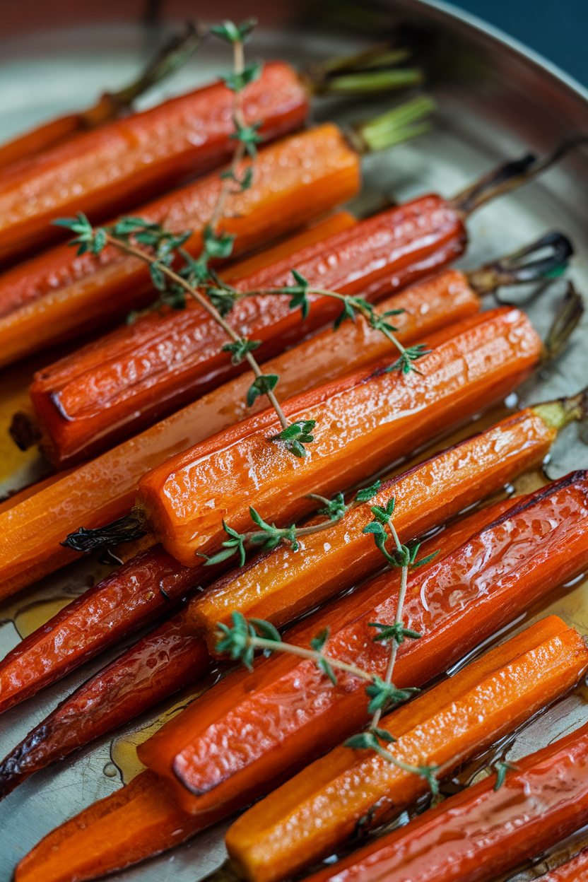 Indoor photo of glossy roasted carrot sticks on a platter, lightly charred edges, drizzled with honey and garnished with fresh thyme. No text or logos.