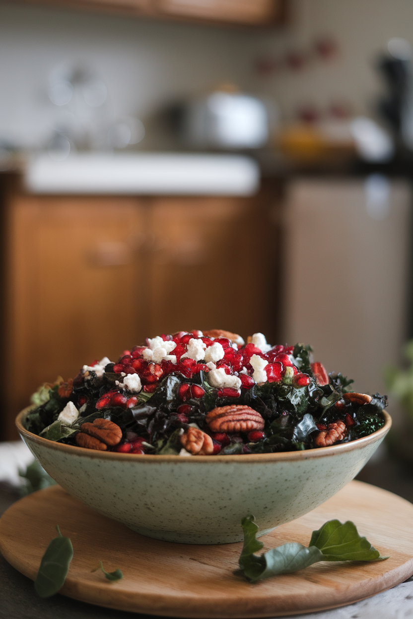 Indoor photo of a wide salad bowl filled with dark kale ribbons, bright pomegranate arils, feta crumbles, and toasted pecans. No text or logos.