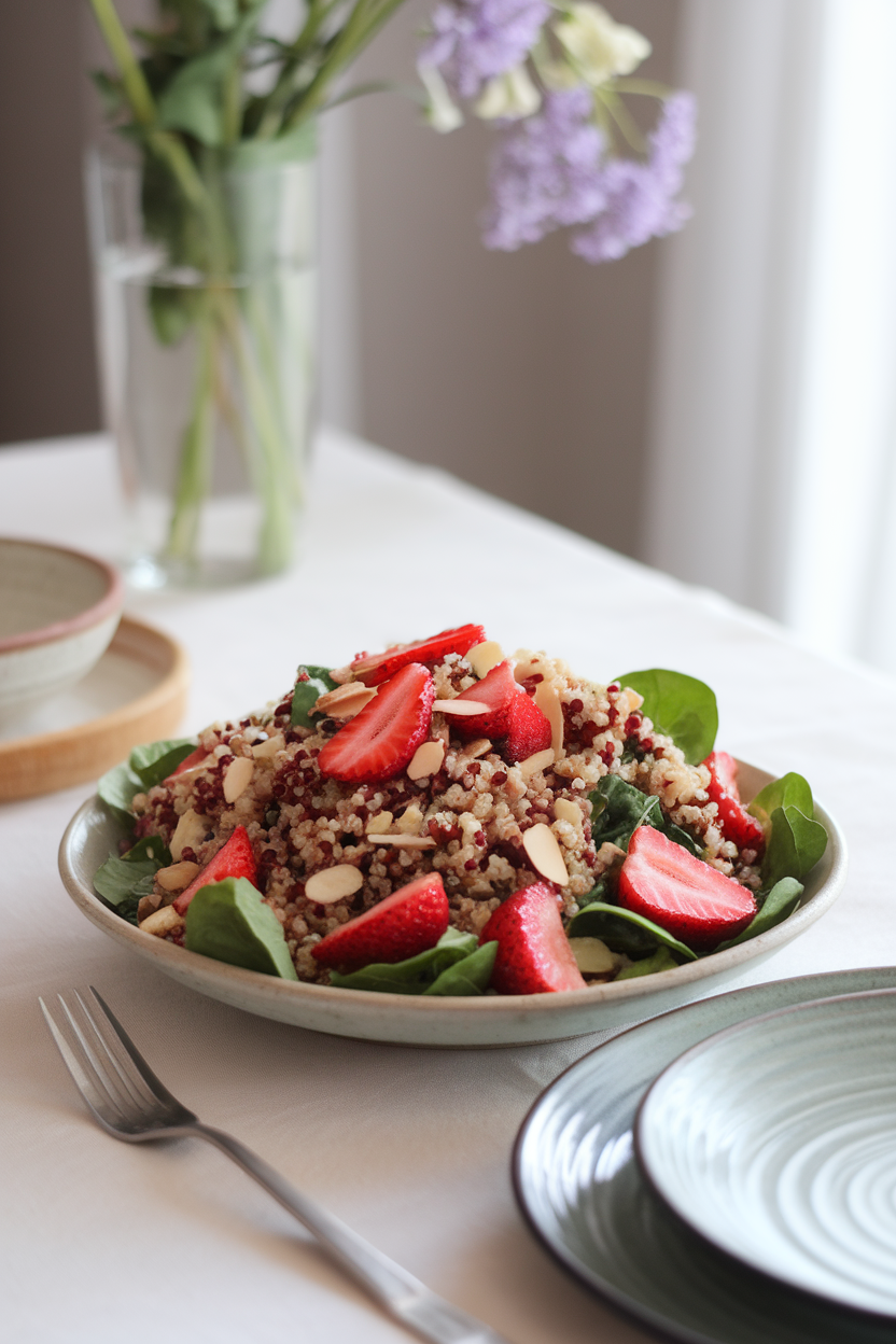 Photo of a salad featuring sliced strawberries, baby spinach, cooked quinoa, and almond slivers on an indoor table, no text or logos