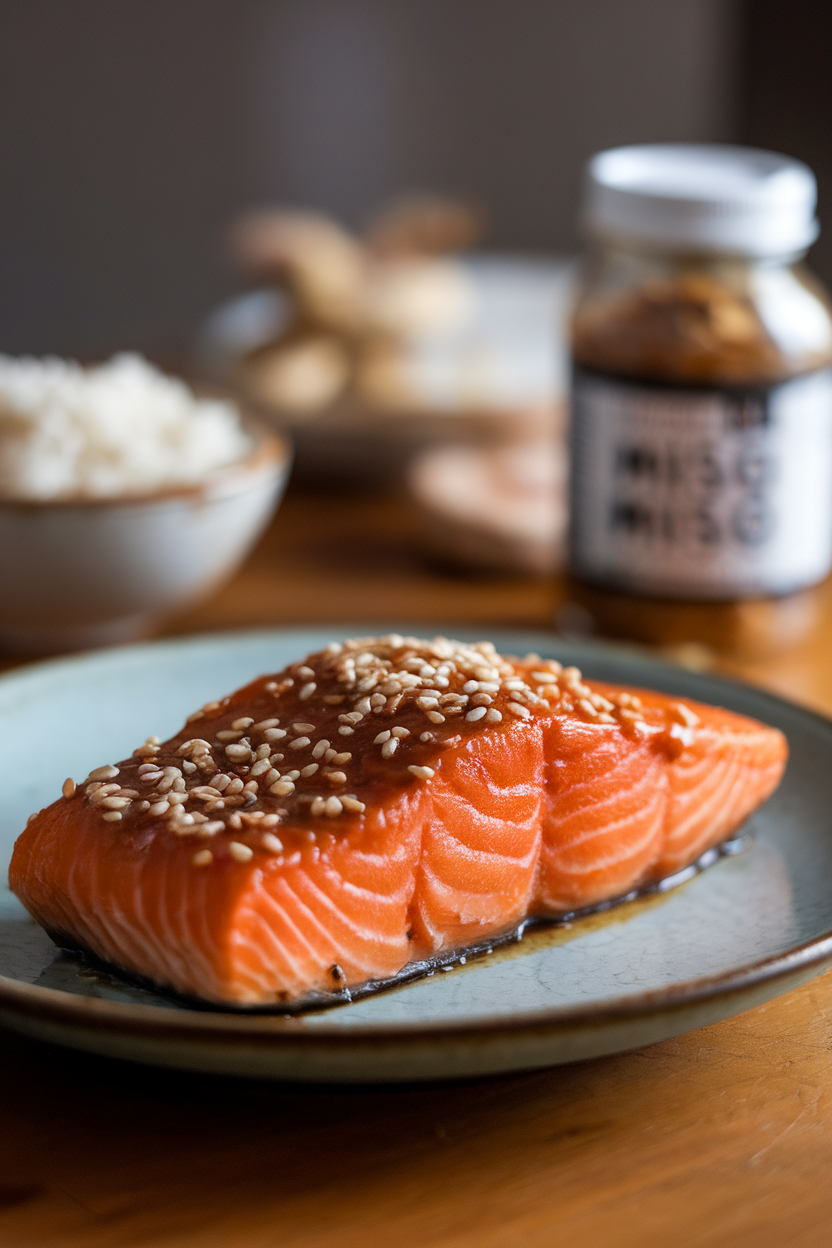 Indoor dining table showcasing salmon fillet coated in caramelized miso glaze, garnished with sesame seeds. No text or logos. Photo, not illustration.