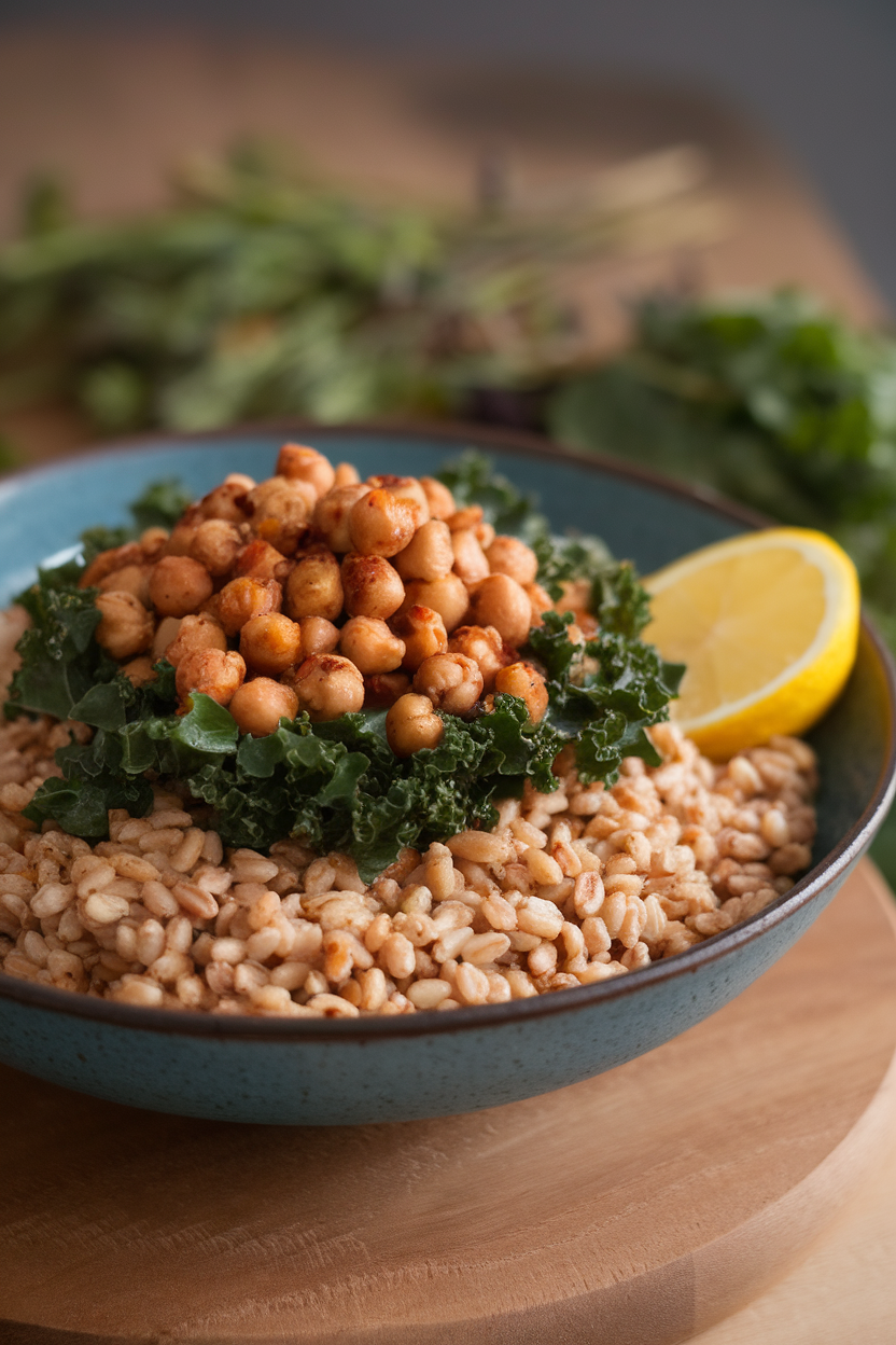 Wide bowl indoors containing farro topped with kale, roasted garbanzo beans, and lemon wedge, no text or logos