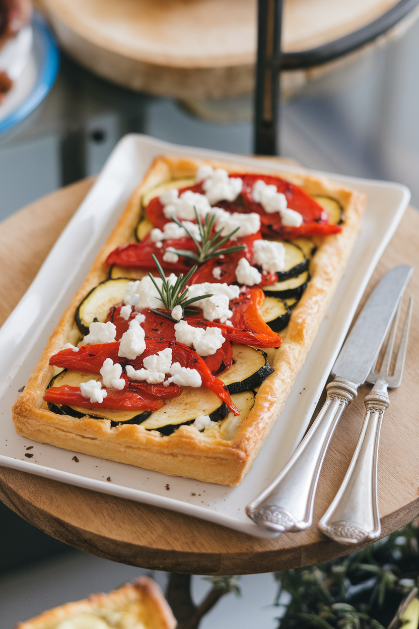 An indoor serving platter with a rectangular puff pastry tart topped with roasted red peppers, zucchini, and crumbled goat cheese. No text or logos. Photo, not illustration.