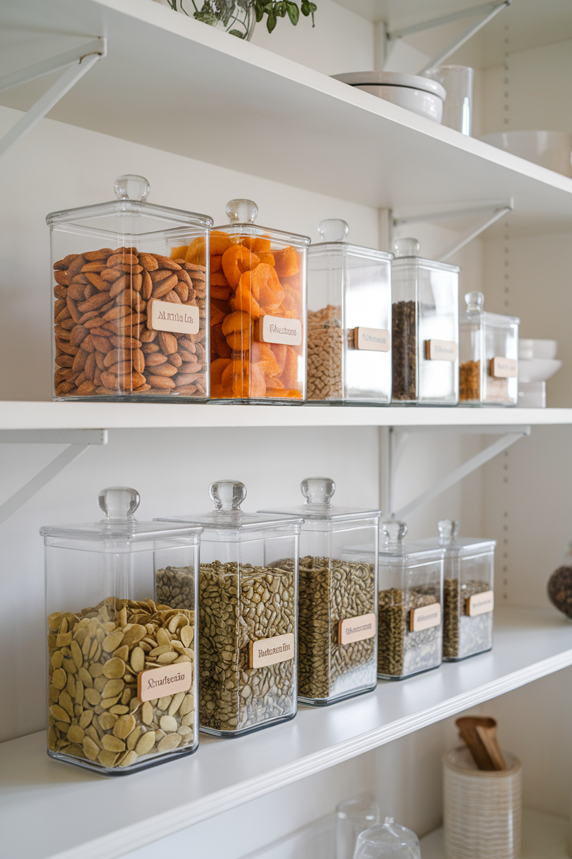 Photo of clear glass containers filled with almonds, dried apricots, and pumpkin seeds arranged on a well-lit indoor kitchen shelf. No text or logos in view.