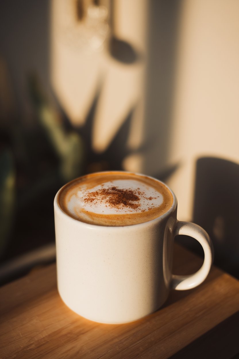 Indoor mug of frothy golden latte with cinnamon sprinkle on top; soft warm light, no text or logos.